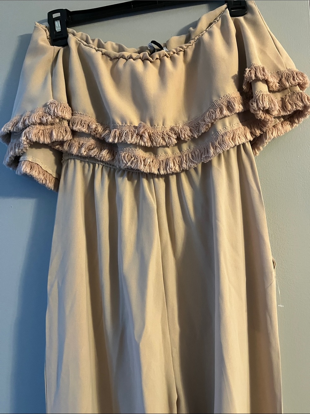 Off-Shoulder Ruffle Jumpsuit in Tan - Picture 3 of 4